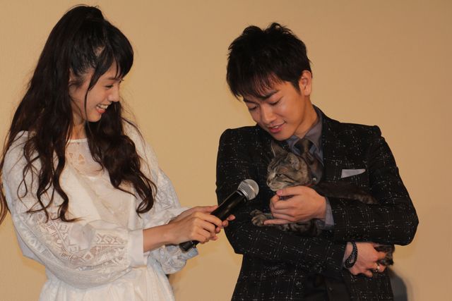 猫をあやす佐藤健『世界から猫が消えたなら』初日舞台あいさつ フォトギャラリー：フォトギャラリー