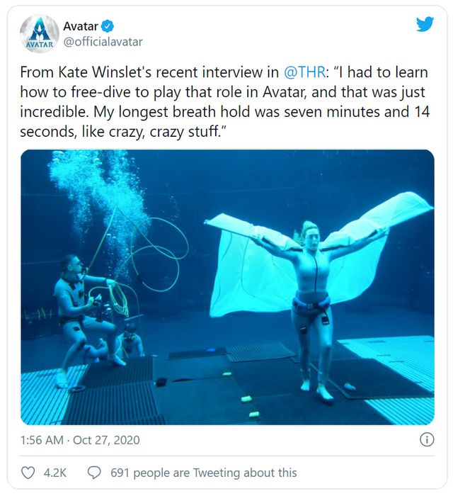 最長で7分14秒もの間、息を止めていられるというケイト・ウィンスレット - 画像は『アバター』海外公式Twitterのスクリーンショット