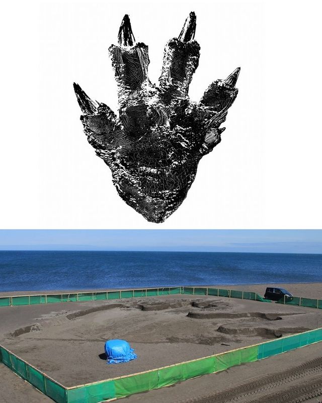 ゴジラの足跡が北海道に…！　新作ゴジラの足型（上）と足跡アート（下）
