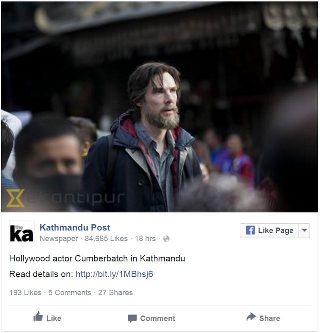 カンバーバッチが、長髪・ヒゲ姿に！（画像は The Kathmandu Post のFacebookページのスクリーンショット）