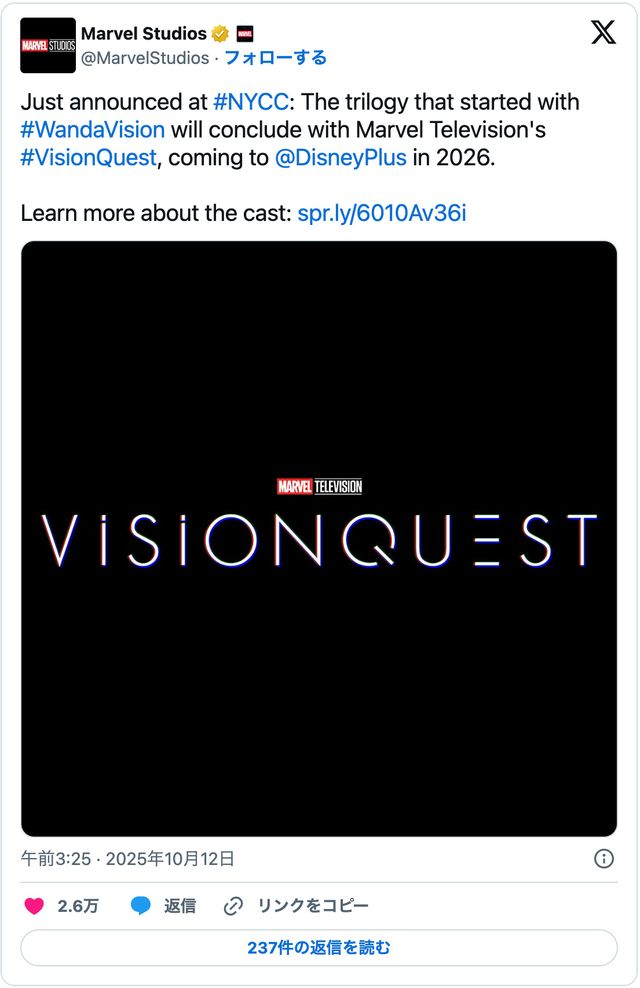 ヴィジョン主役ドラマ「ヴィジョンクエスト」正式発表！「ワンダ