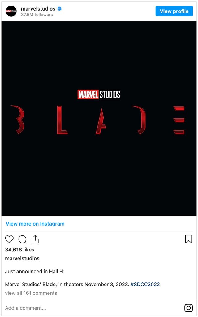新たに映画化される『ブレイド（原題） / Blade』ロゴ（マーベル・スタジオInstagramのスクリーンショット）