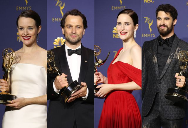第70回エミー賞の俳優部門の受賞者たち（左からクレア・フォイ、マシュー・リス、レイチェル・ブロズナハン、ダレン・クリス
