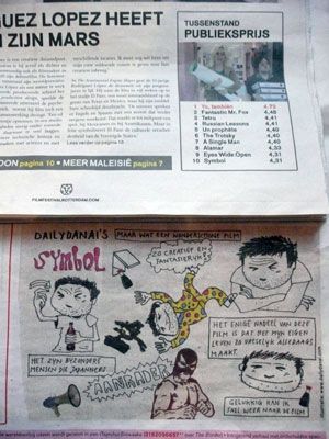 映画祭発行の日刊紙「デイリー・タイガー」に掲載された観客賞の順位と「しんぼる」に触発された漫画