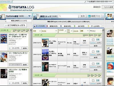 「TSUTAYA LOG」サービスログイン時の画面の一部 自分のレンタル・購入した作品をチェックできる
